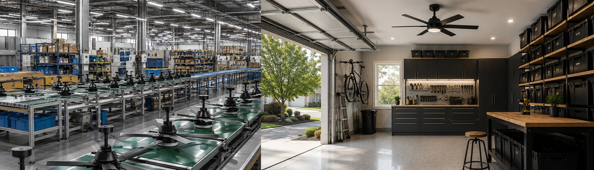 Garage ceiling fan manufacturer showcasing factory strength and premium residential garage application in a seamless scene