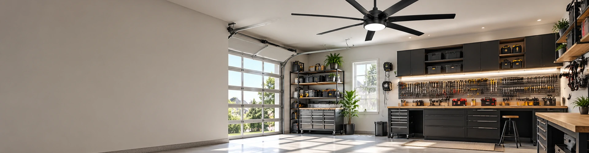 Modern garage ceiling fan installed in a premium residential workshop space designed for utility and airflow comfort