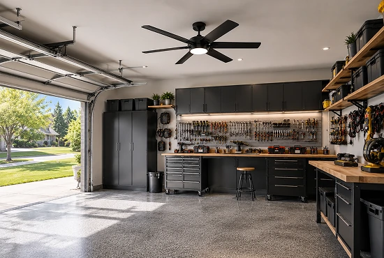 Garage ceiling fan improving airflow and comfort inside a modern residential workshop environment