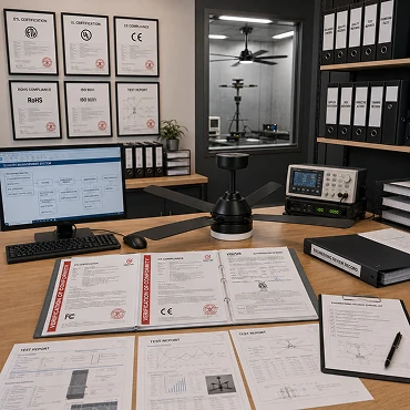 Garage ceiling fan certification assistance supporting ETL UL CE compliance and export programs