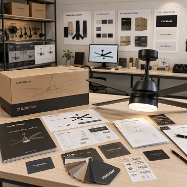 Private label garage ceiling fan branding solutions including packaging and logo customization