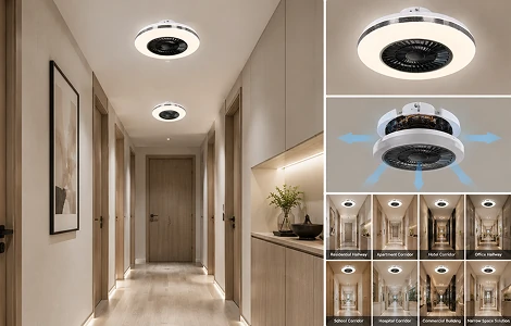 flush mount ceiling fan light installed in modern hotel hallway showing integrated airflow lighting system for commercial and residential applications