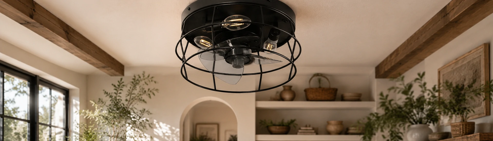 14 inch black cage hugger ceiling fan with E27 lights installed in a compact Scandinavian apartment hallway