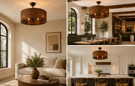 Inch rustic rattan ceiling fan installed in a luxury coastal villa living room with farmhouse interior styling
