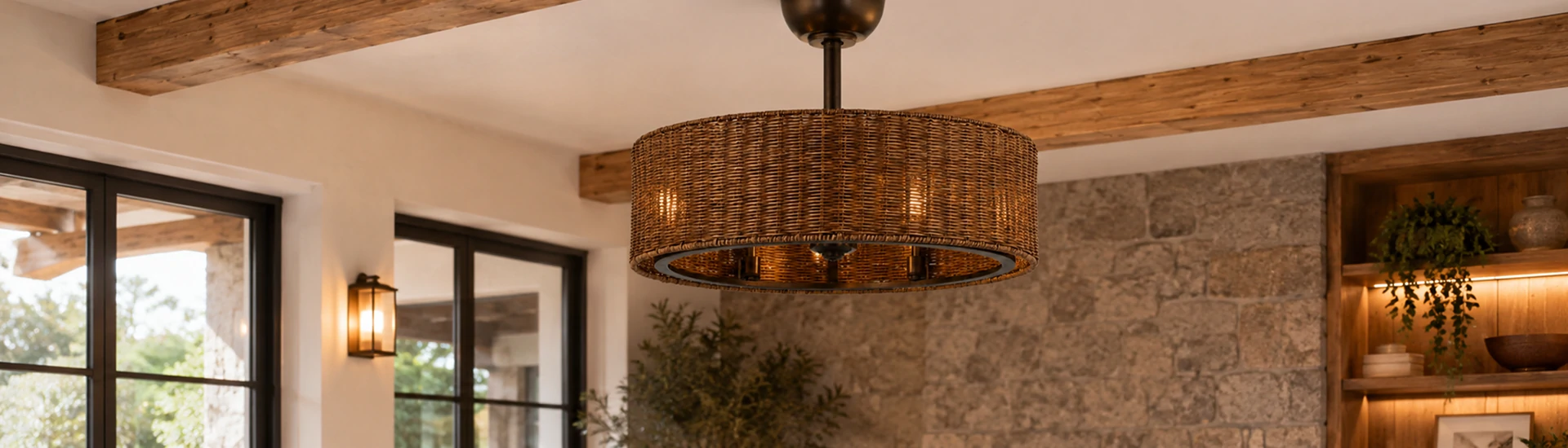 Inch rustic rattan ceiling fan installed in a luxury farmhouse living room with natural woven design and warm lighting