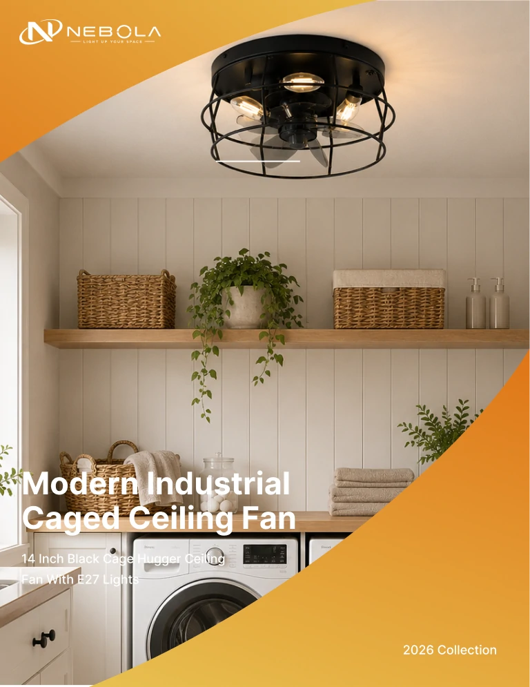 14 inch black cage hugger ceiling fan with E27 lights installed in a compact apartment laundry room with low ceiling