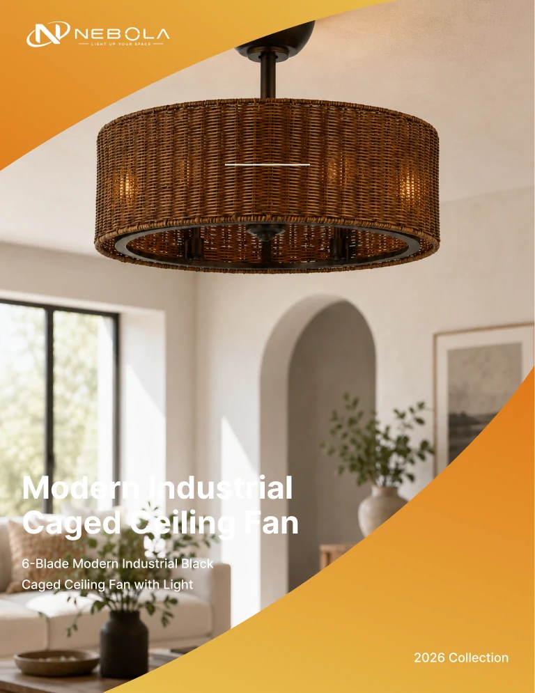 Inch rustic rattan ceiling fan featured in a luxury farmhouse interior for product catalog presentation