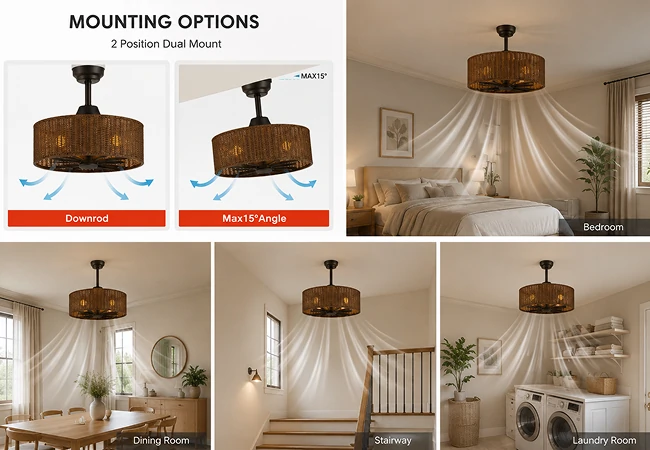 Close-up view of an inch rustic rattan ceiling fan with natural woven shade and warm lighting