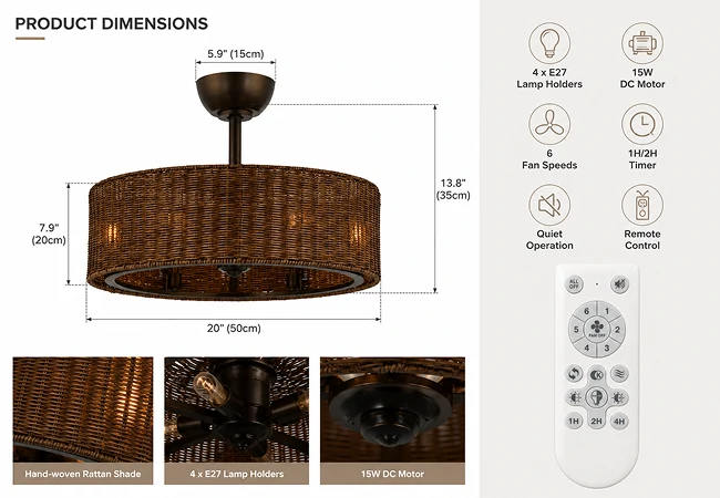 Product dimensions and structural details of inch rustic rattan ceiling fan with remote control