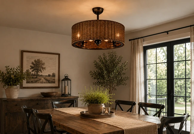 Inch rustic rattan ceiling fan installed in a farmhouse dining room with warm natural lighting