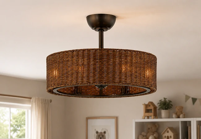 20 Inch rustic rattan ceiling fan installed above a farmhouse dining table in a warm residential interior