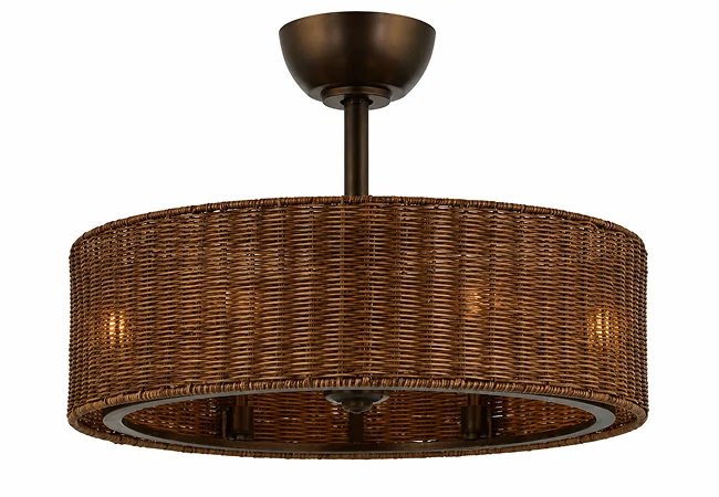 Studio product image of inch rustic rattan ceiling fan with woven shade and four E27 lamp holders