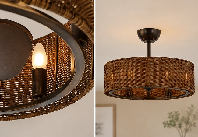 Handwoven rattan craftsmanship detail on an inch rustic rattan ceiling fan shade