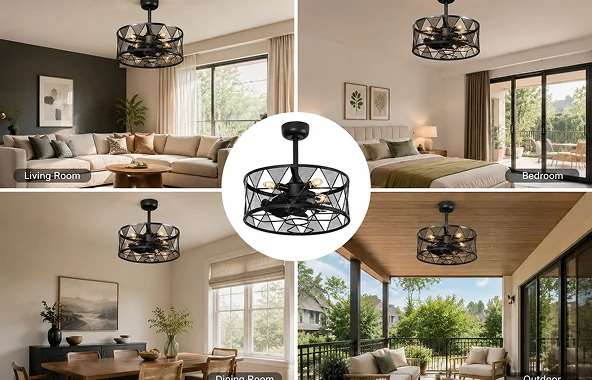 Close-up detail of black metal cage structure and Edison bulb holders on industrial ceiling fan.