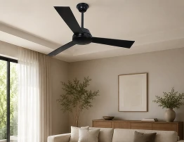 modern black dc ceiling fan 48 inch installed in contemporary living room designed for residential and oem wholesale ceiling fan lighting projects