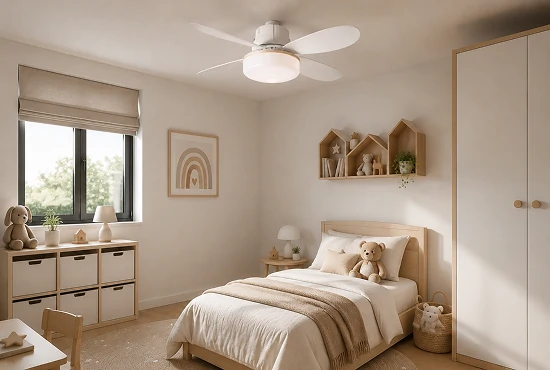 Modern kids bedroom interior with small ceiling fan installed on ceiling, Scandinavian style, soft daylight, and family-friendly atmosphere