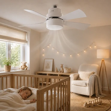 Ultra quiet kids room ceiling fan with DC motor installed in a Scandinavian style bedroom for peaceful sleep