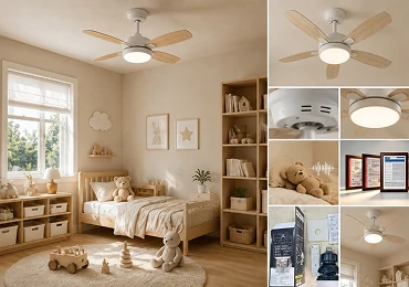 Small room ceiling fan in kids bedroom showing quiet DC motor, LED lighting, safety certifications, and smart control options in a Scandinavian interior