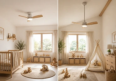 Comparison of flush mount and downrod small ceiling fan installation in Scandinavian style kids rooms highlighting ceiling height adaptability