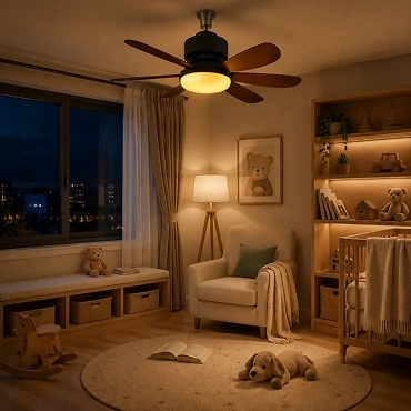 Kids room ceiling fan with integrated LED lighting creating a bright and comfortable study environment