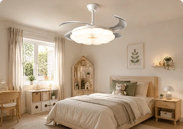 Modern LED kids room ceiling fan with integrated lighting installed in a Scandinavian style children's bedroom.