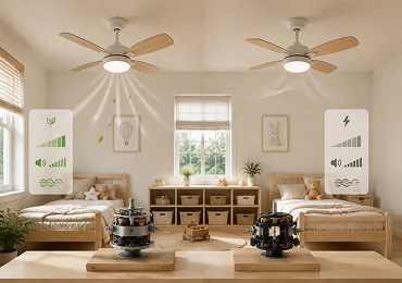 Side-by-side comparison of DC and AC motor small ceiling fans in kids rooms, highlighting energy efficiency, noise, and performance