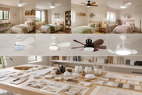 Small bedroom ceiling fan prototypes and materials samples in a Scandinavian studio, highlighting OEM and ODM capabilities for B2B clients