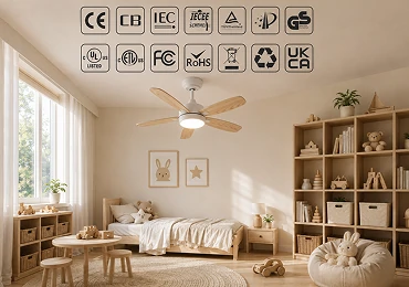 Small room ceiling fans in Scandinavian style kids rooms highlighting key safety certifications ETL, UL, CE, and RoHS