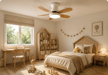 Kids room ceiling fan with integrated LED light installed in a Scandinavian style children's bedroom.