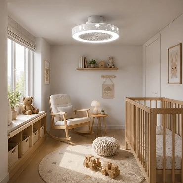 Flush mount kids room ceiling fan installed in a compact bedroom with limited ceiling height