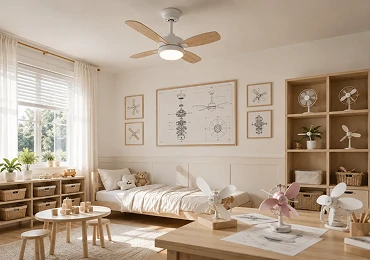 Illustration of recommended small room ceiling fan sizes for nursery, kids bedroom, small bedroom, and apartment bedroom in a Scandinavian style interior