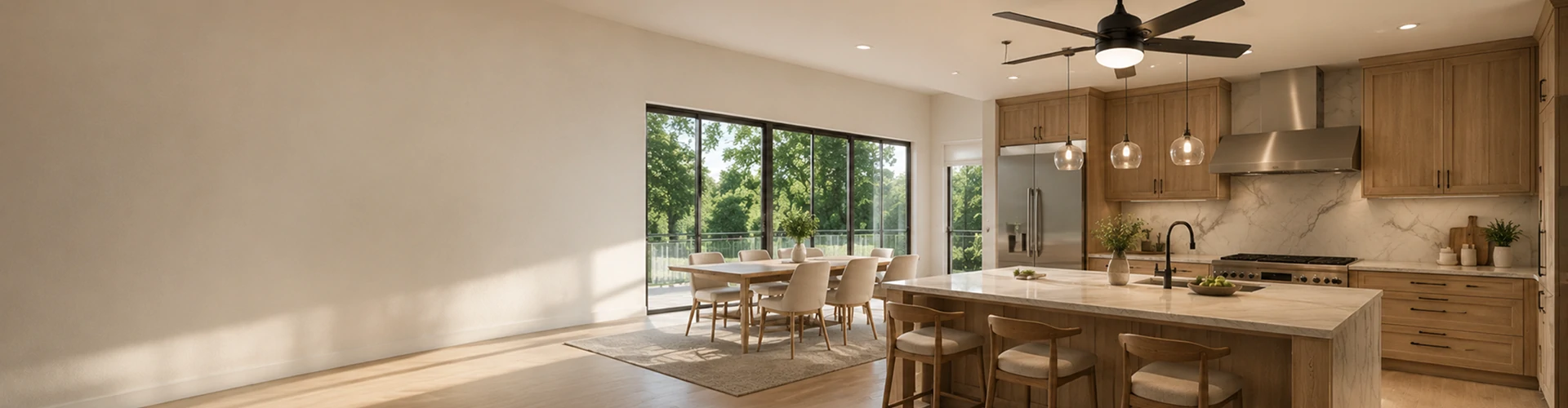 Modern kitchen ceiling fan installed in a luxury open-plan kitchen and dining area with premium residential interior design