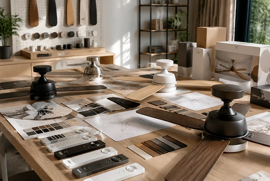 OEM kitchen ceiling fan product development workspace featuring samples, packaging concepts and customization options