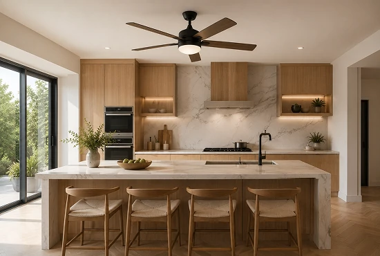 Kitchen ceiling fan installed above a modern kitchen island in a premium residential cooking space
