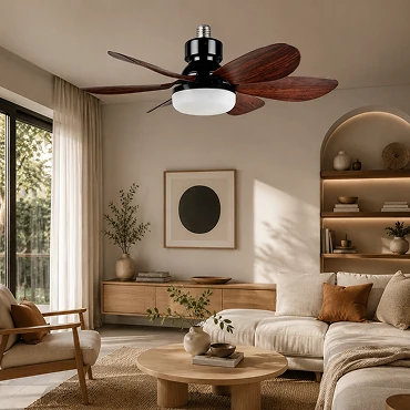 Matte black ceiling fan installed in contemporary living room design