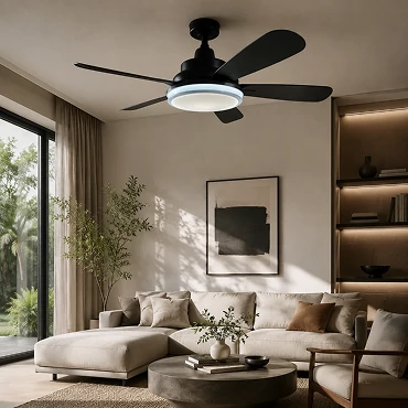 Living room ceiling fan with warm wood finish blades in modern home interior