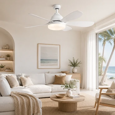 White ceiling fan with light for coastal and minimalist living room interiors