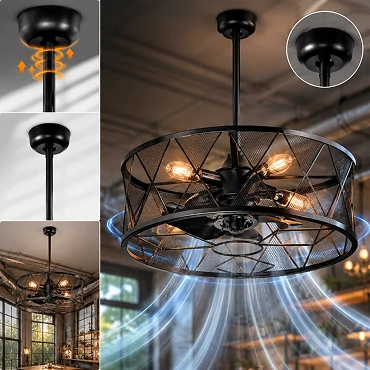 Industrial caged ceiling fan installed with long downrod in a high ceiling residential interior.