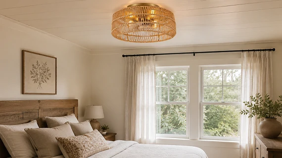 Rattan mini cylinder ceiling light with flush mount fan design installed in low ceiling bedroom demonstrating compact space saving installation solution