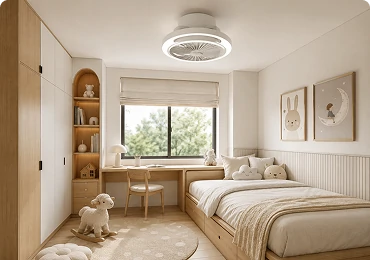 Low profile ceiling fan with LED light installed in a compact kids room with limited ceiling height.