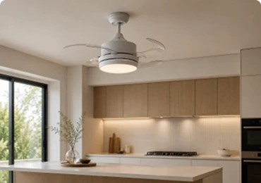 Low profile kitchen ceiling fan installed in a compact modern kitchen with limited ceiling height