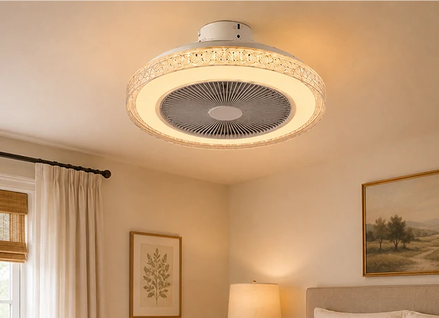 20-inch modern luxury ceiling fan light installed in an elegant bedroom with warm ambient lighting