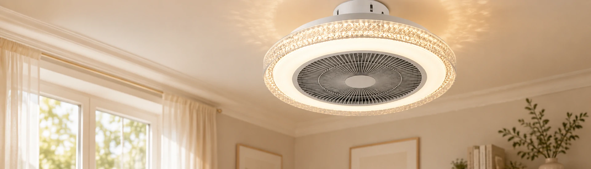 20-inch modern luxury ceiling fan light installed in a premium bedroom with elegant interior design