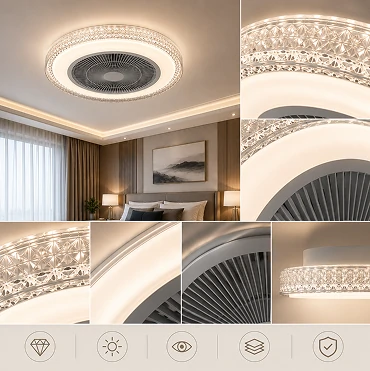 Close-up of the acrylic decorative ring on a 20-inch modern luxury ceiling fan light