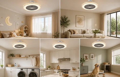 Luxury ceiling fan light displaying 3000K, 4500K and 6000K lighting options in a bedroom