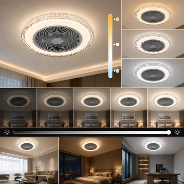 Luxury ceiling fan light demonstrating adjustable warm, neutral and cool white lighting