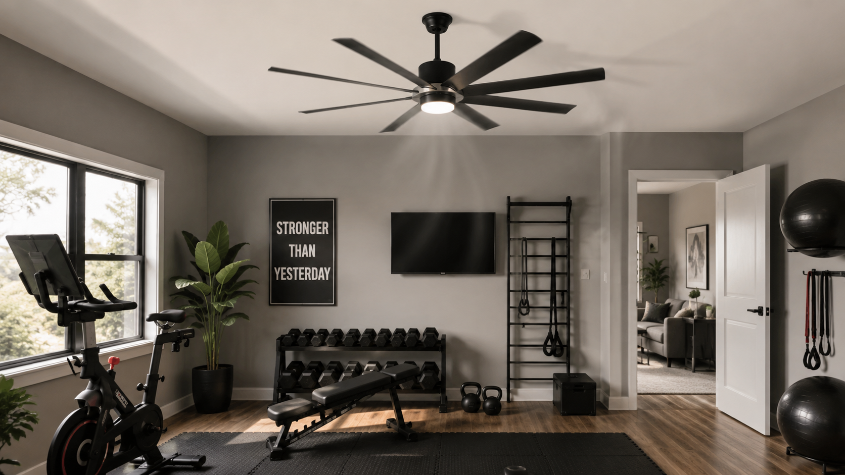 modern-black-ceiling-fan-home-gym