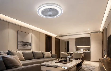 20 inch modern flush mount ceiling fan with LED light installed in a contemporary living room for residential applications