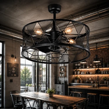 Modern industrial interior featuring black caged ceiling fan with warm Edison bulbs and farmhouse design style.