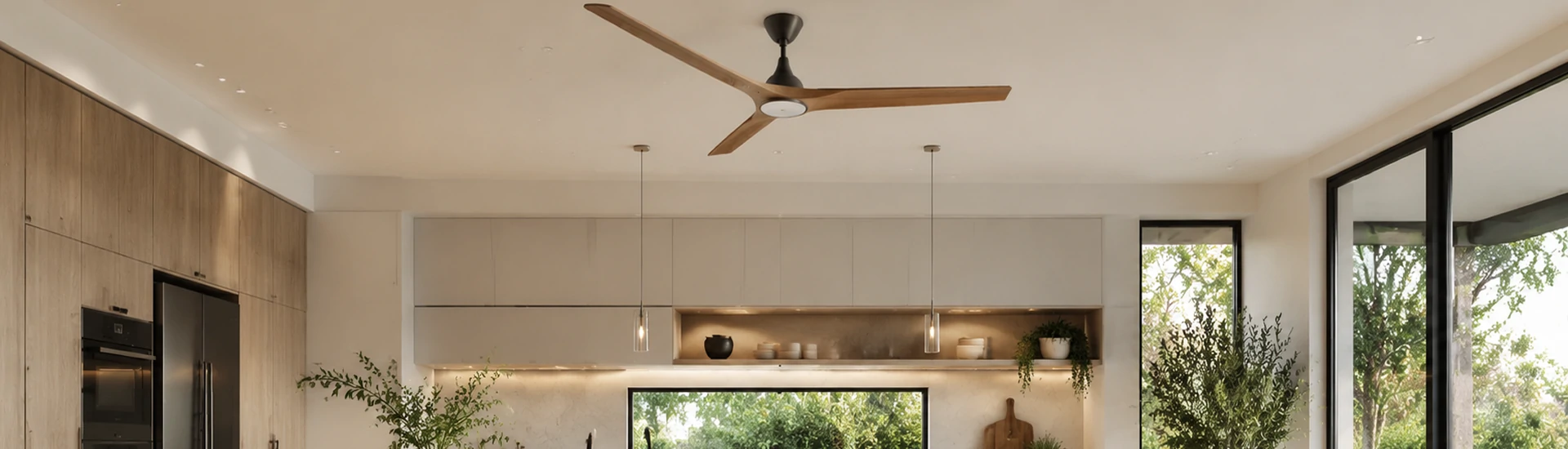 Modern kitchen interior with premium ceiling fan installed on the ceiling, showcasing elegant design and real-world application for kitchen environments.